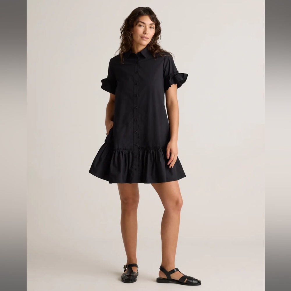Quince 100% Organic Cotton Poplin Short Sleeve Ruffle Shirt Dress (S)